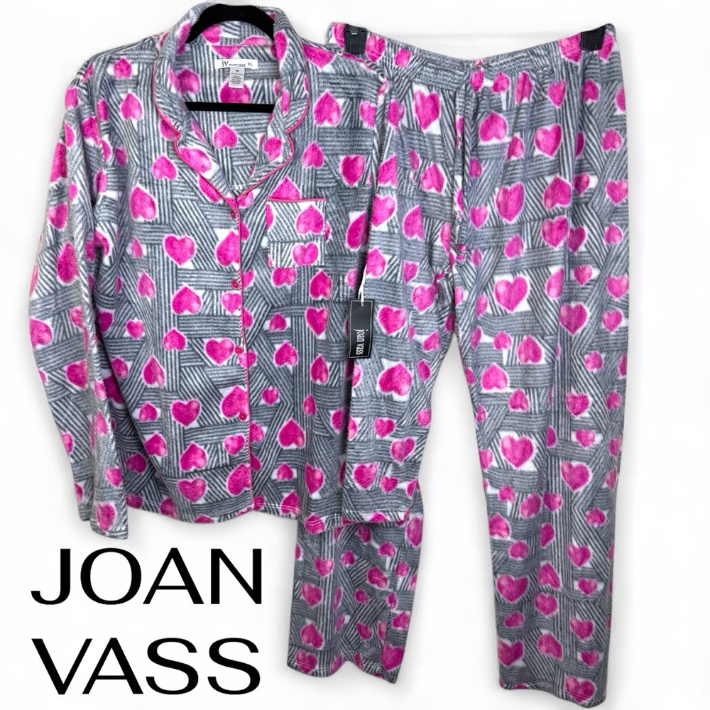 JOAN VASS Plush Pajama Sleepwear Set Size Large L Loungewear Hearts NEW $68 msrp